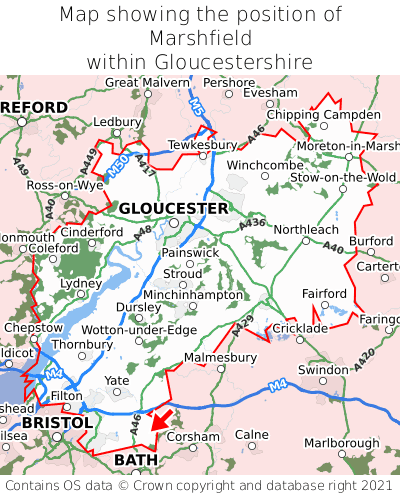 Map showing location of Marshfield within Gloucestershire