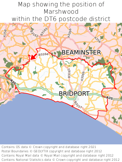 Map showing location of Marshwood within DT6