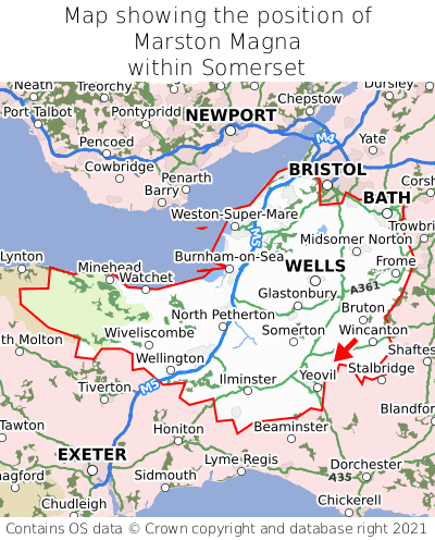 Map showing location of Marston Magna within Somerset