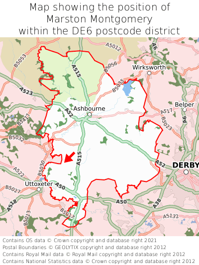 Map showing location of Marston Montgomery within DE6