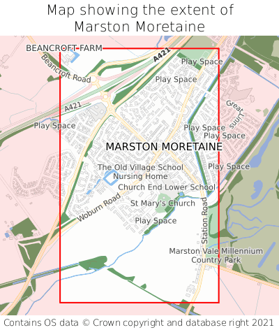 Map showing extent of Marston Moretaine as bounding box