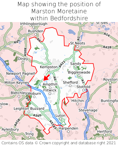 Map showing location of Marston Moretaine within Bedfordshire