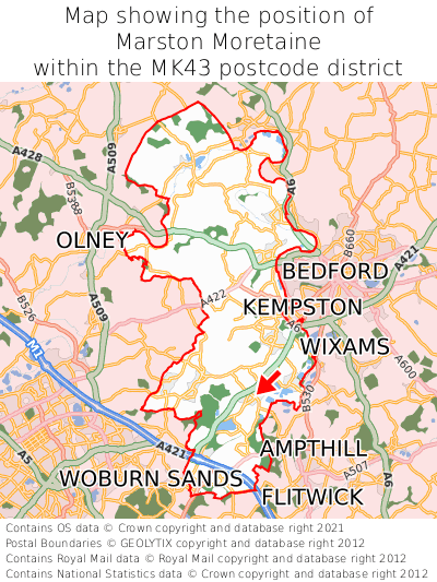 Map showing location of Marston Moretaine within MK43