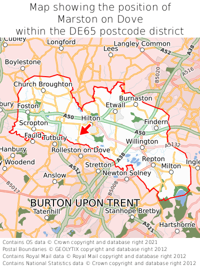 Map showing location of Marston on Dove within DE65