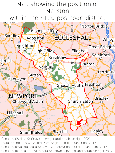 Map showing location of Marston within ST20