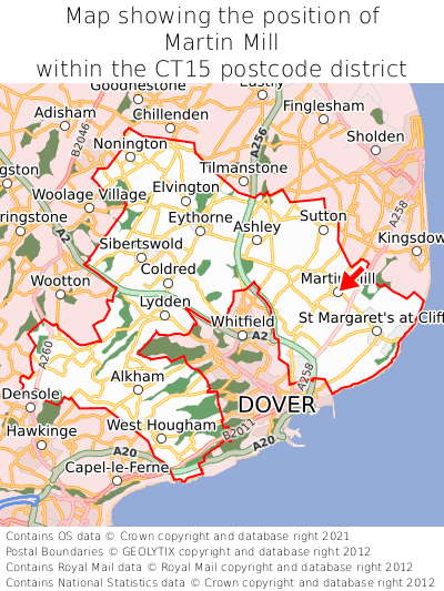 Map showing location of Martin Mill within CT15