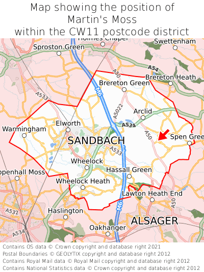 Map showing location of Martin's Moss within CW11