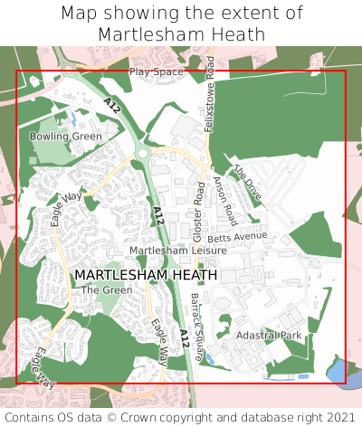 Map showing extent of Martlesham Heath as bounding box
