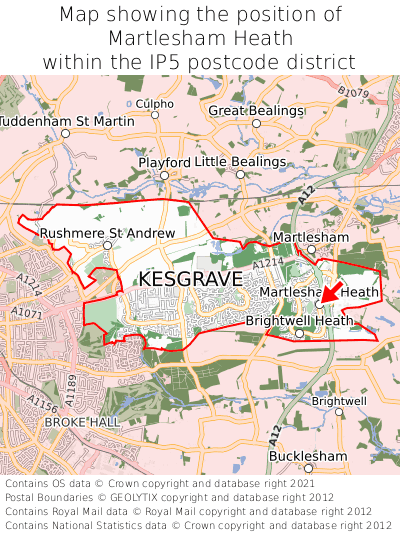 Map showing location of Martlesham Heath within IP5