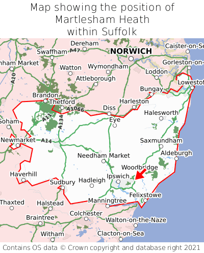 Map showing location of Martlesham Heath within Suffolk