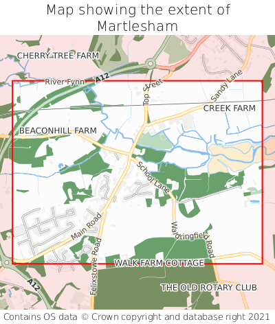 Map showing extent of Martlesham as bounding box