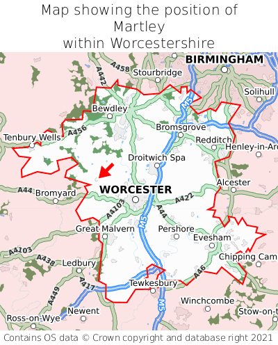 Map showing location of Martley within Worcestershire