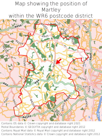 Map showing location of Martley within WR6