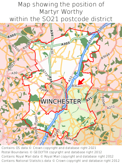 Map showing location of Martyr Worthy within SO21