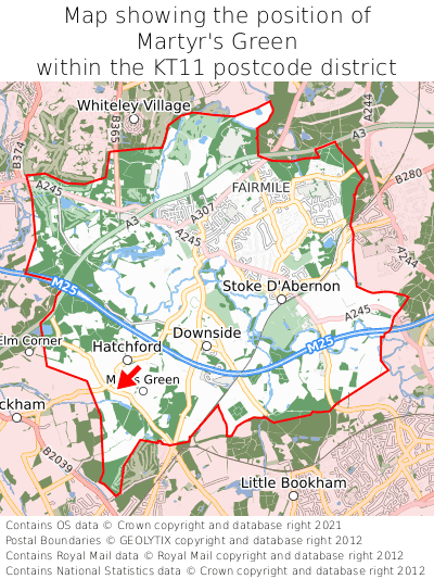 Map showing location of Martyr's Green within KT11