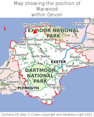 Map showing location of Marwood within Devon