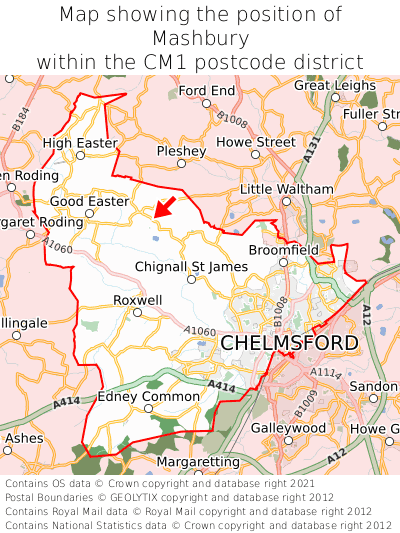 Map showing location of Mashbury within CM1