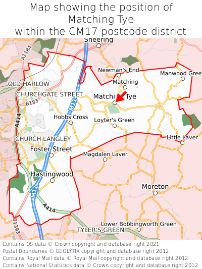 Map showing location of Matching Tye within CM17