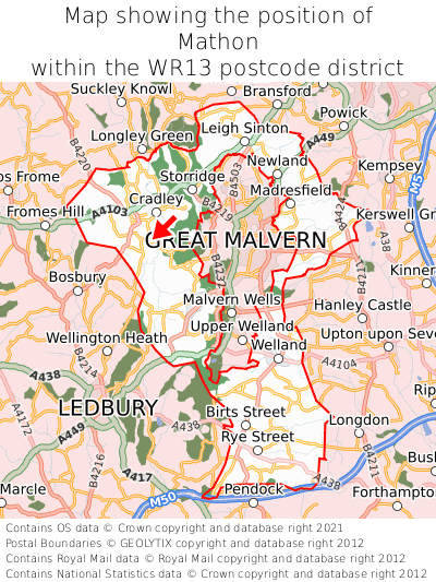 Map showing location of Mathon within WR13