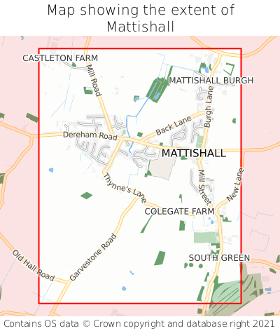Map showing extent of Mattishall as bounding box