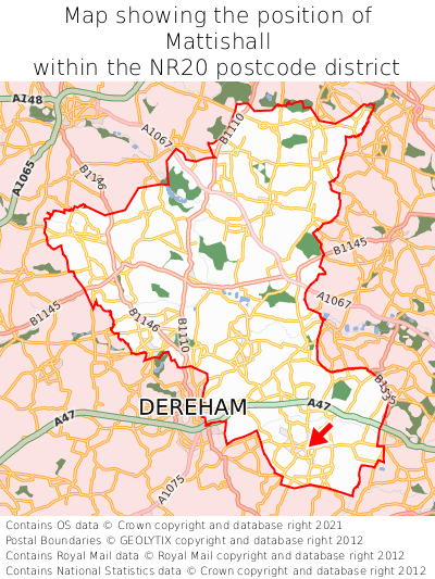 Map showing location of Mattishall within NR20