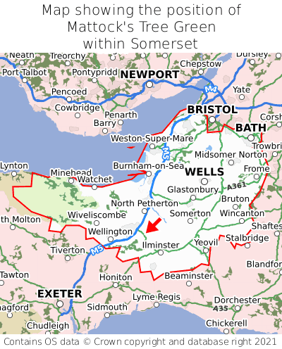 Map showing location of Mattock's Tree Green within Somerset