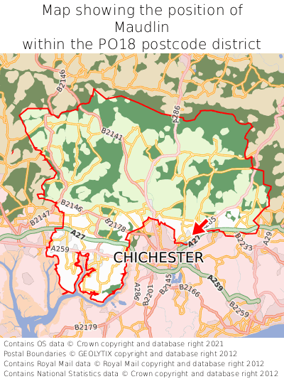 Map showing location of Maudlin within PO18
