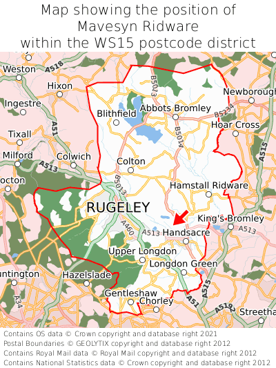 Map showing location of Mavesyn Ridware within WS15