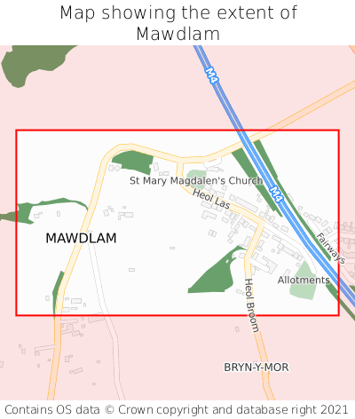 Map showing extent of Mawdlam as bounding box