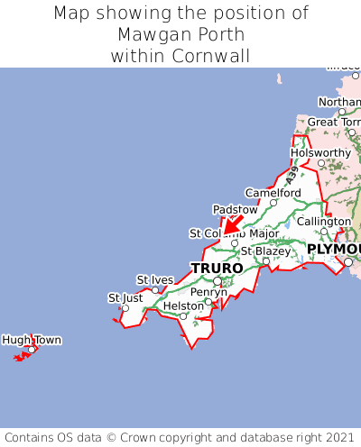 Map showing location of Mawgan Porth within Cornwall