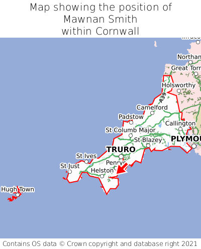 Map showing location of Mawnan Smith within Cornwall
