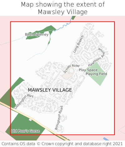 Map showing extent of Mawsley Village as bounding box
