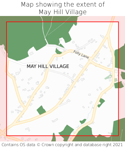 Map showing extent of May Hill Village as bounding box