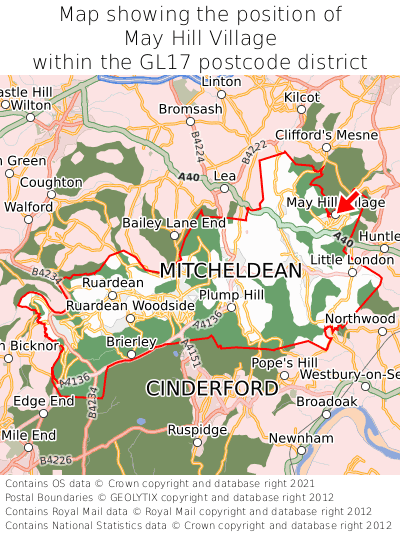 Map showing location of May Hill Village within GL17