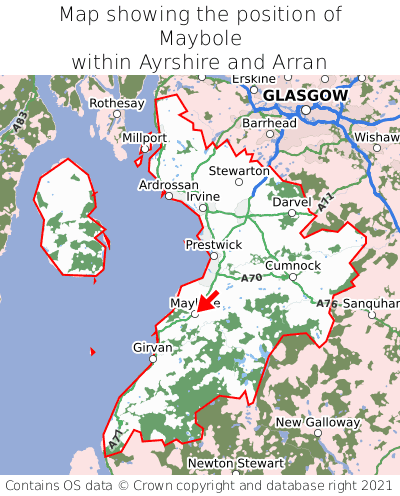 Map showing location of Maybole within Ayrshire and Arran