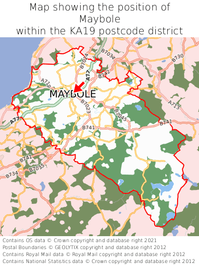 Map showing location of Maybole within KA19