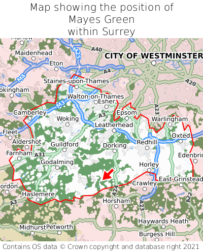 Map showing location of Mayes Green within Surrey