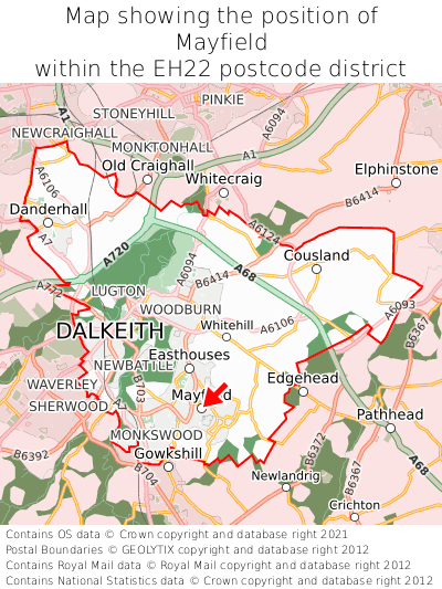 Map showing location of Mayfield within EH22