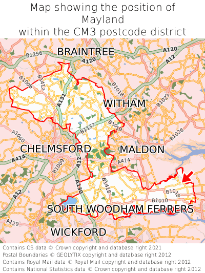 Map showing location of Mayland within CM3