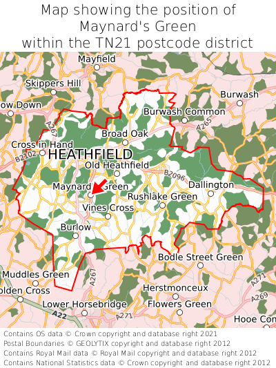 Map showing location of Maynard's Green within TN21