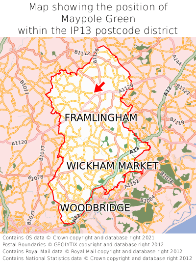 Map showing location of Maypole Green within IP13