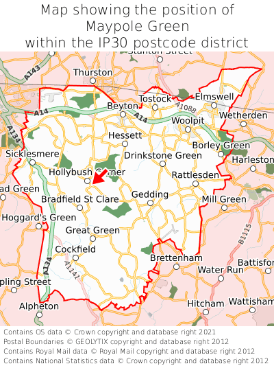 Map showing location of Maypole Green within IP30