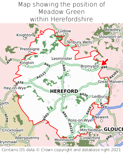 Map showing location of Meadow Green within Herefordshire