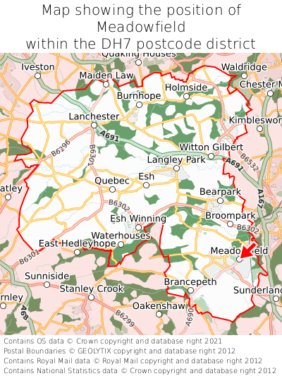 Map showing location of Meadowfield within DH7