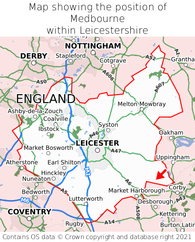 Map showing location of Medbourne within Leicestershire