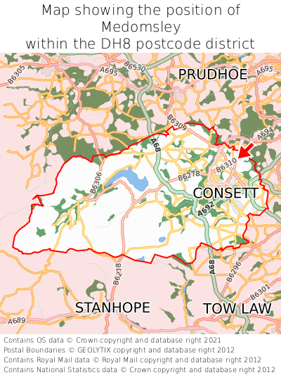 Map showing location of Medomsley within DH8