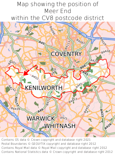 Map showing location of Meer End within CV8