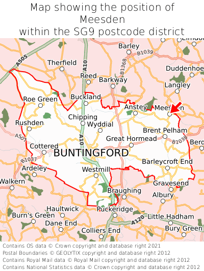 Map showing location of Meesden within SG9