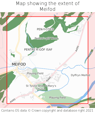 Map showing extent of Meifod as bounding box