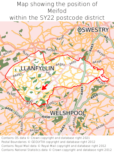 Map showing location of Meifod within SY22